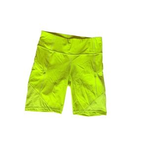 Athleta Womens Neon Yellow Mesh Panel Biker Shorts Side Pockets Size S